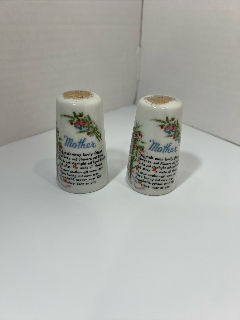 Vintage Porcelain Mother Poem/Tribute Salt & Pepper Shaker